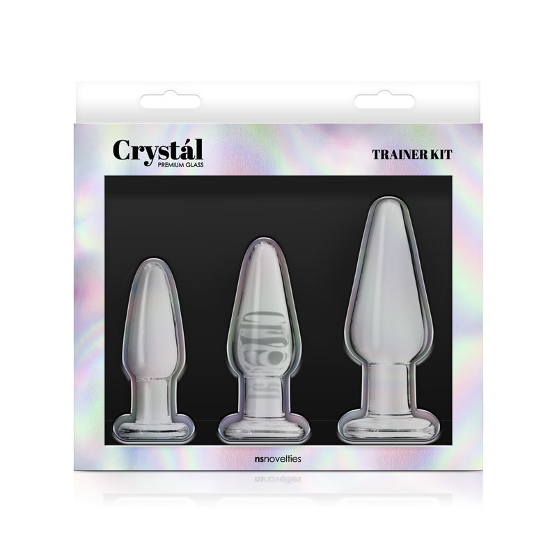NS Novelties Crystal Tapered Glass Anal Plug Kit Clear displayed in trainer kit packaging with three sizes.