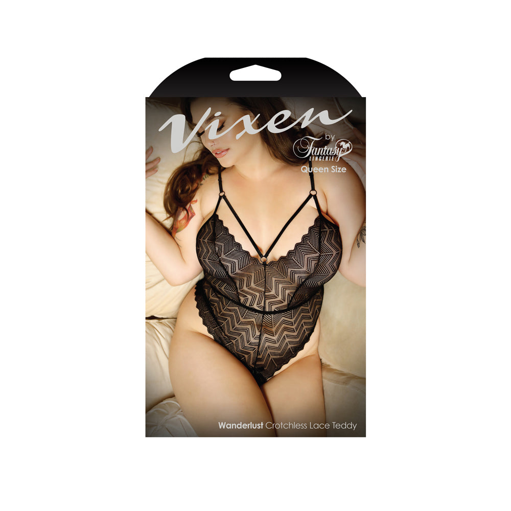 Wanderlust Chevron Lace Teddy Queen Size displayed in packaging on model, showcasing seductive lace design and curvy fit.