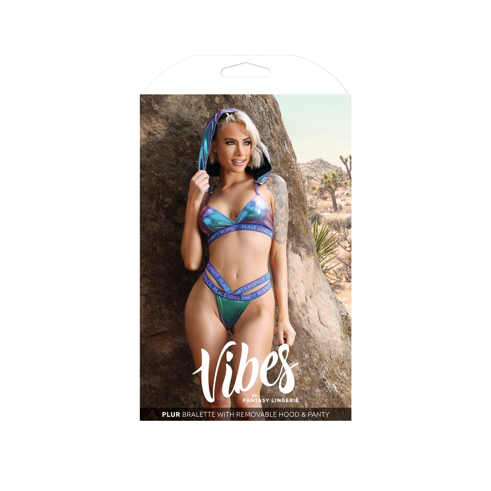 Plur Bralette With Removable Hood & Panty S/M Aqua showcased on model in a vibrant setting.