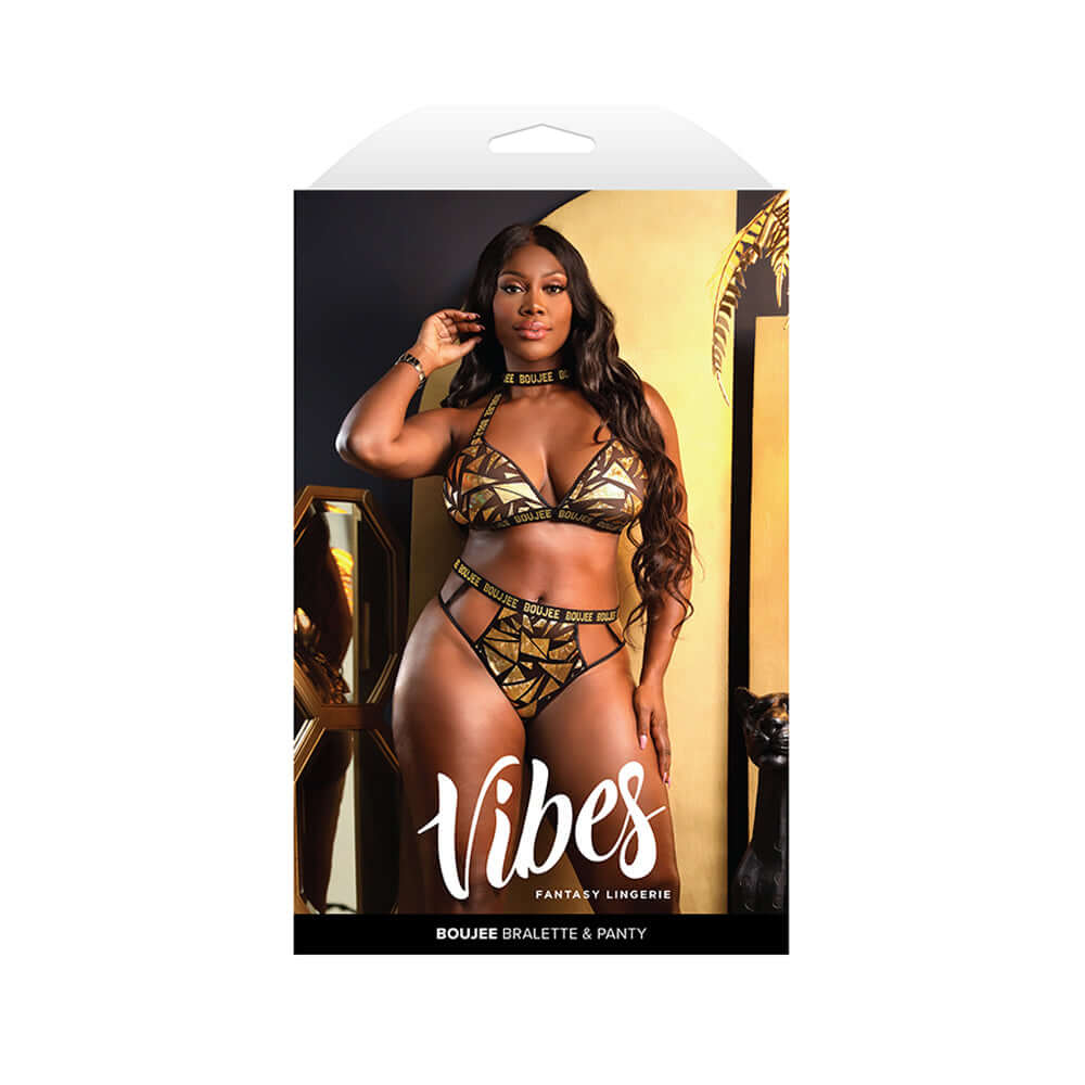 Boujee Bralette and Panty Set Queen Size Gold model showcasing glamour and style in stunning packaging.