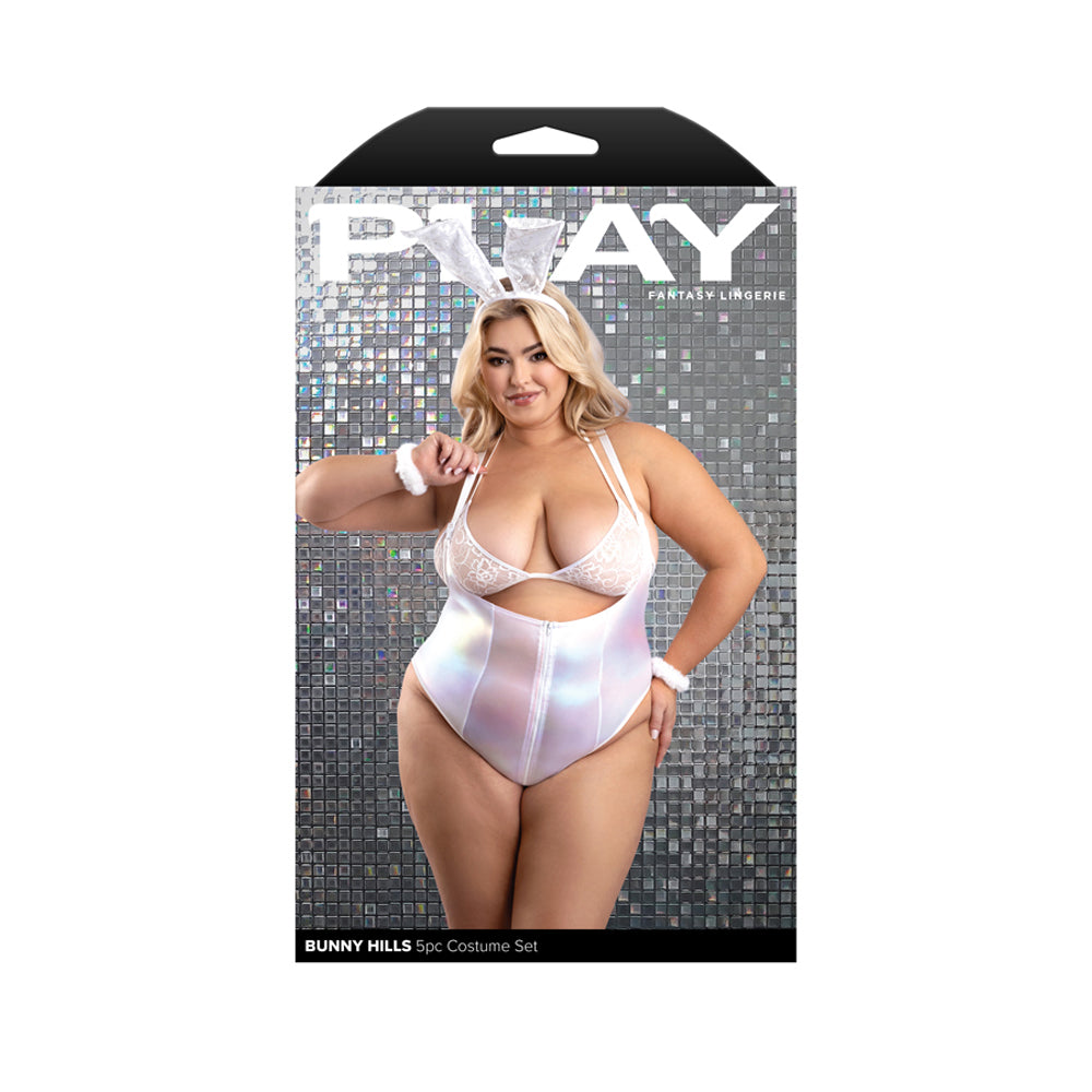 Bunny Hills 5 Piece Bunny Costume Set White 1X/2X displayed on model in shiny bodysuit and bunny accessories.