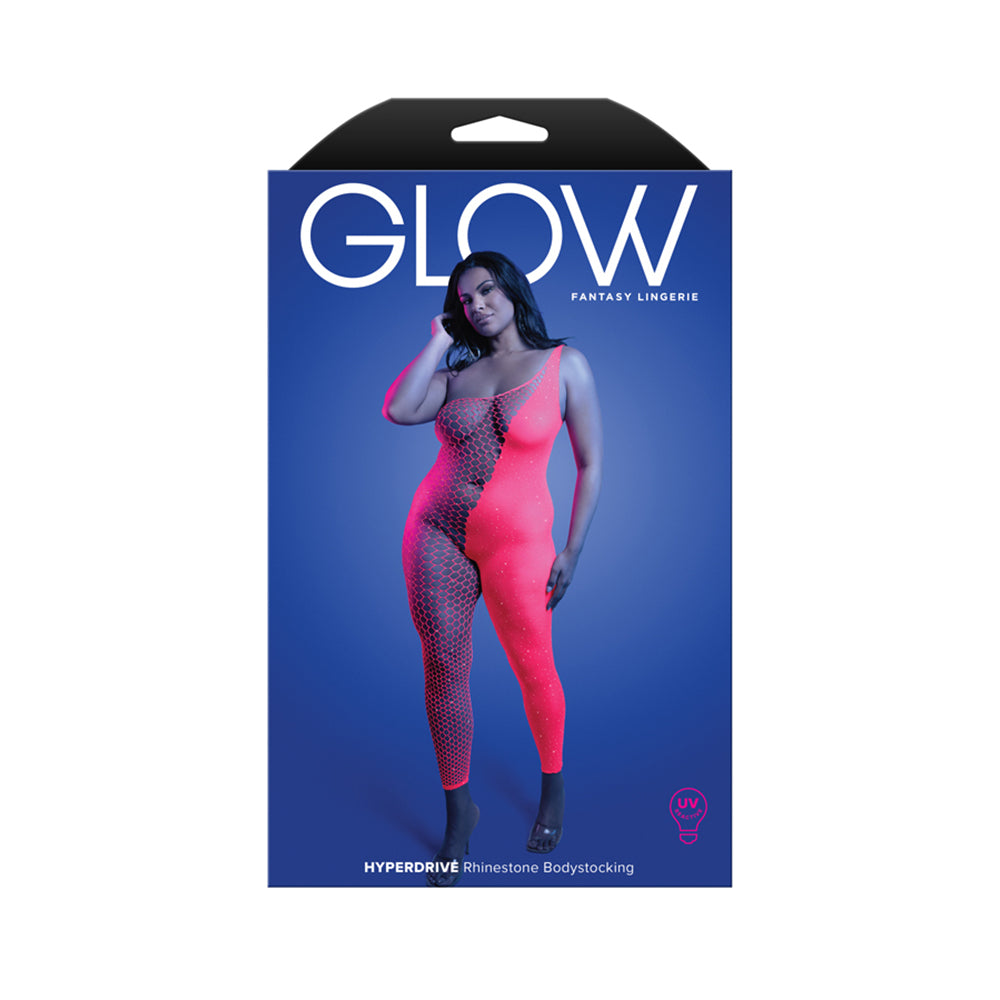 Hyperdrive UV Reactive Rhinestone Bodystocking Queen Size showcased on a model, perfect for dance floors and festivals.