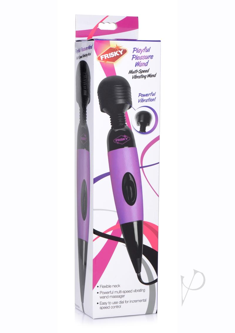 Frisky Playful Pleasure Plug In Wand Massager Purple packaging design with features and a multi-speed vibrating head.