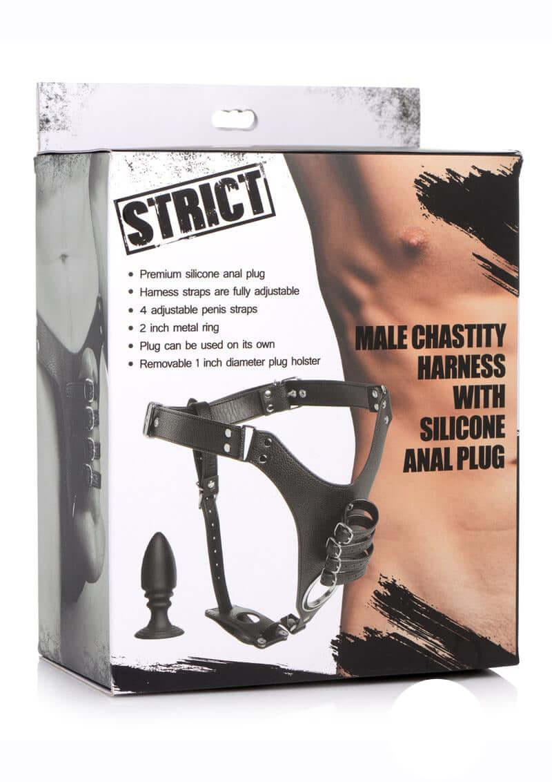 Strict Male Chastity Harness with Silicone Anal Plug packaging showcasing its features and design.
