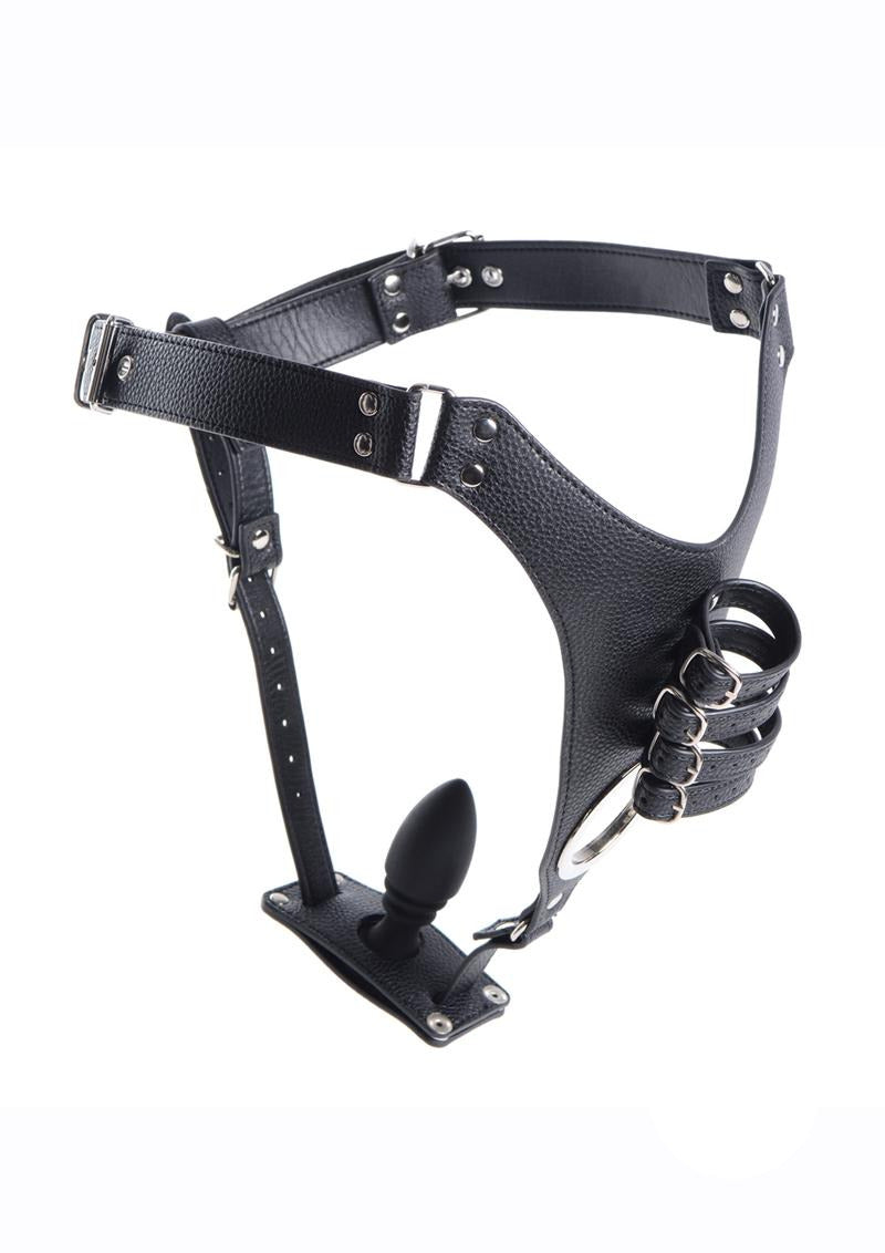 Strict Male Chastity Harness with Silicone Anal Plug featuring adjustable straps and a sleek design.