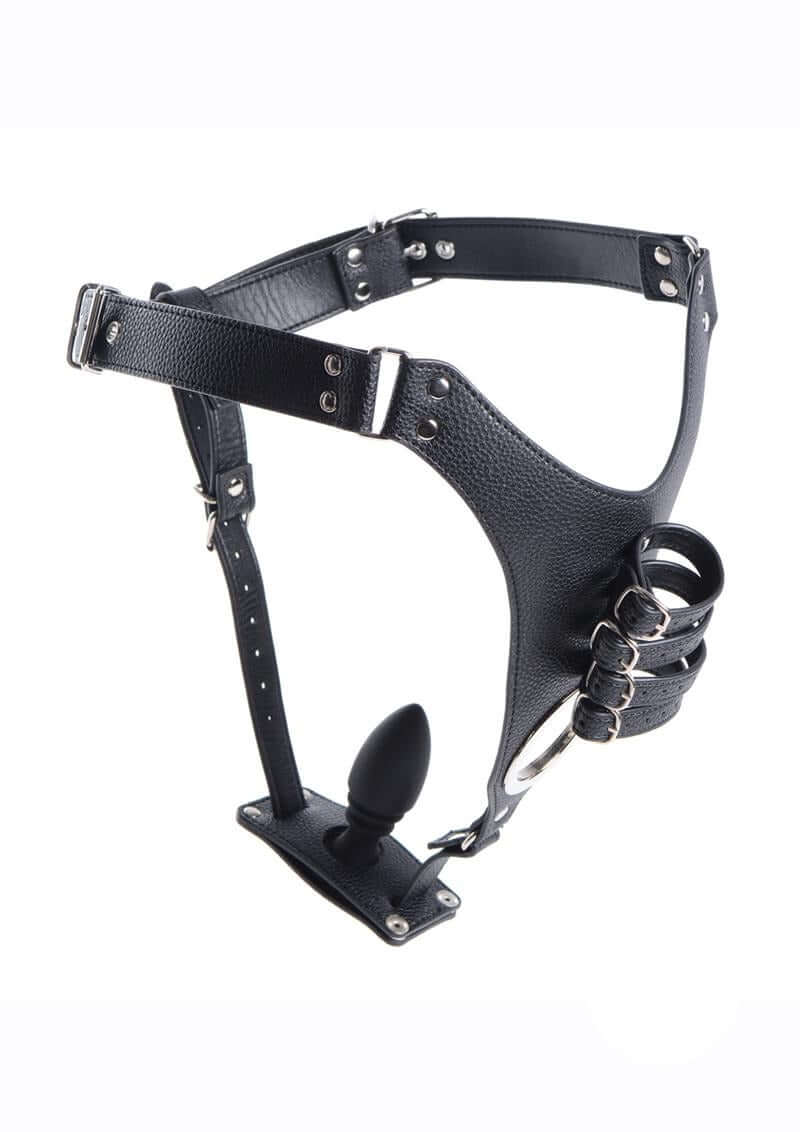 Strict Male Chastity Harness with Silicone Anal Plug featuring adjustable straps and a sleek design.