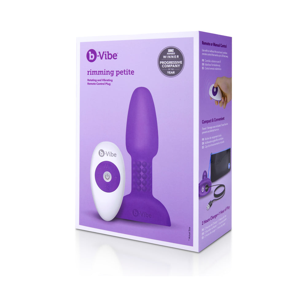 b-Vibe Rimming Petite Rotating Remote Control Plug Purple packaging showing product and remote control design.