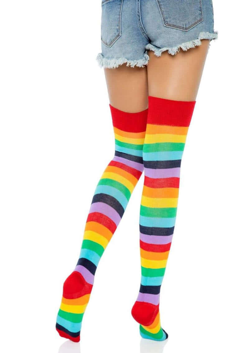 Leg Avenue Lycra Acrylic Rainbow Thigh High OS featuring colorful striped design in bold rainbow hues.