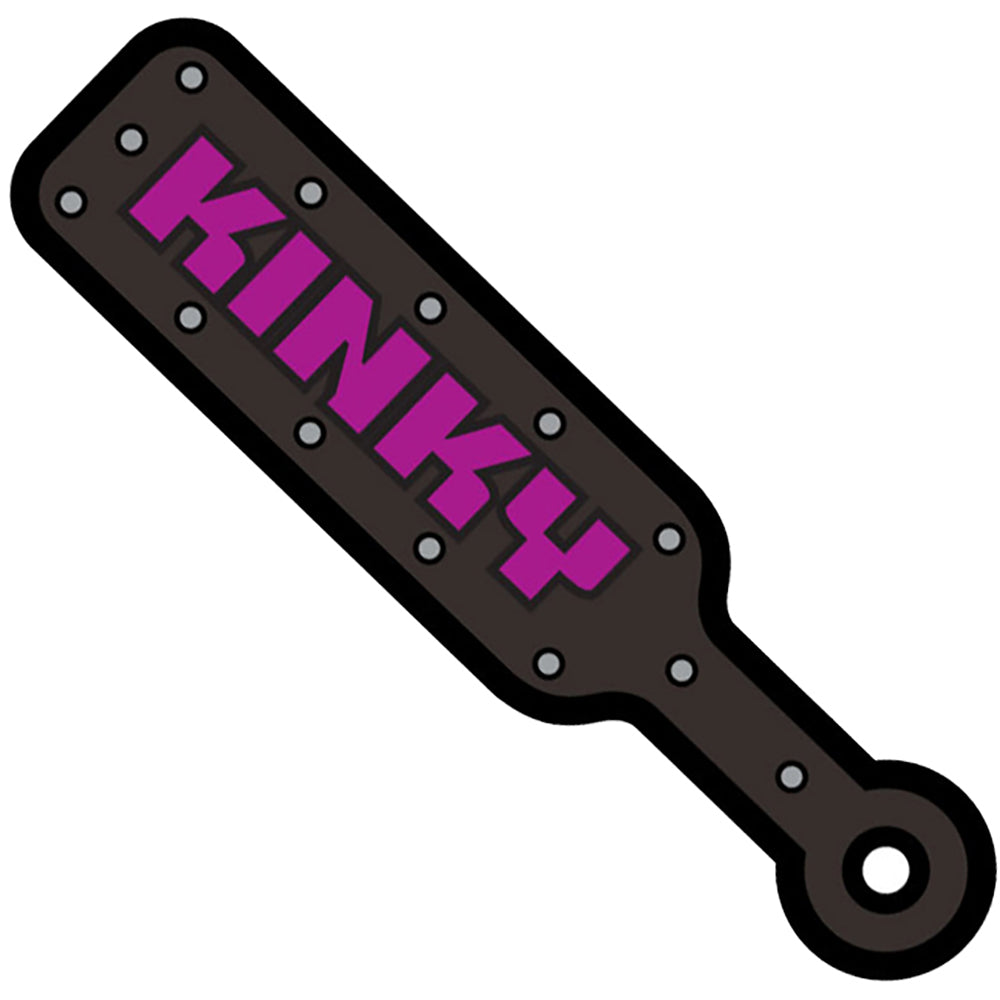 Wood Rocket Kinky Paddle Enamel Lapel Pin Black featuring a playful 'KINKY' design in purple.