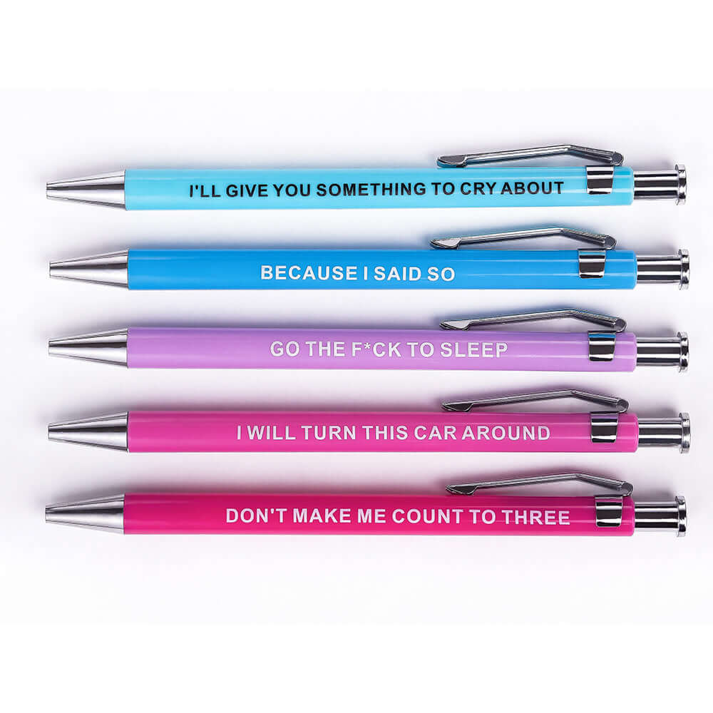Parenting Pens 5 Pack featuring five humorous pens with witty sayings for desk and office use.