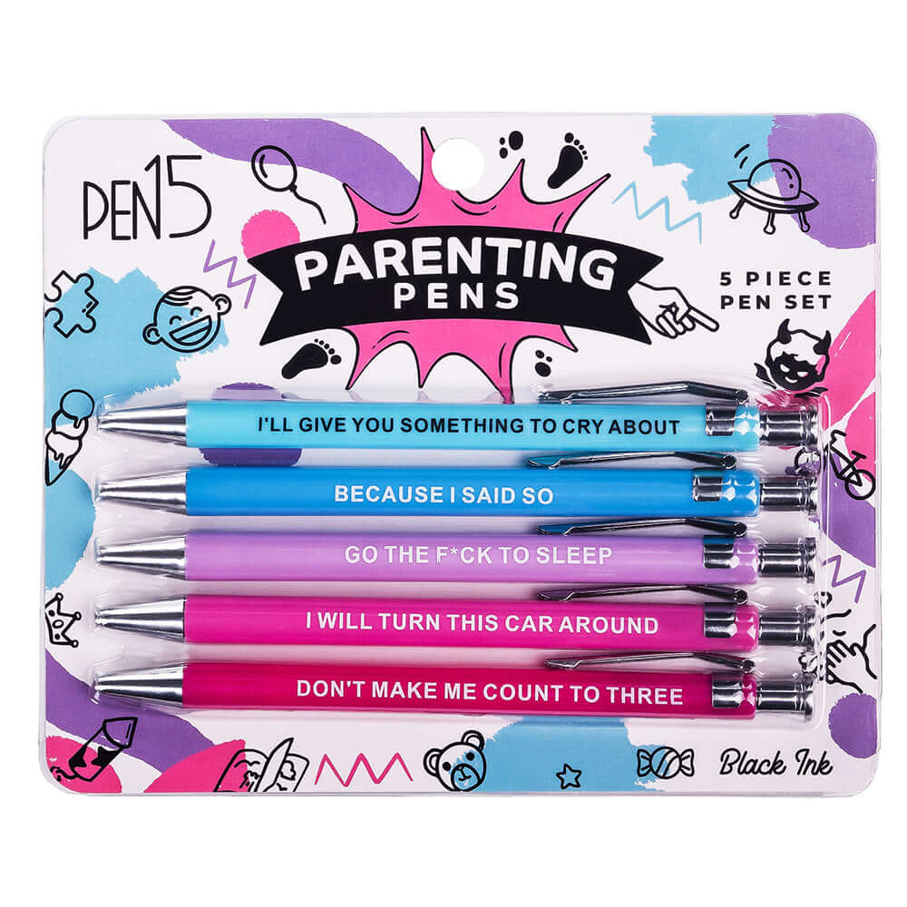 Parenting Pens 5 Pack featuring five humorous pens with witty sayings for desks, offices, or gifts.
