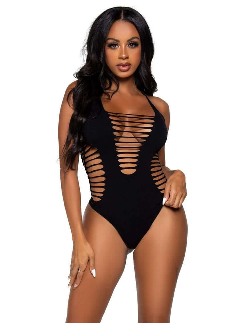 Leg Avenue Seamless Shredded Racer Back Thong Bodysuit OS Black featuring dramatic shredded design and body-hugging fit.