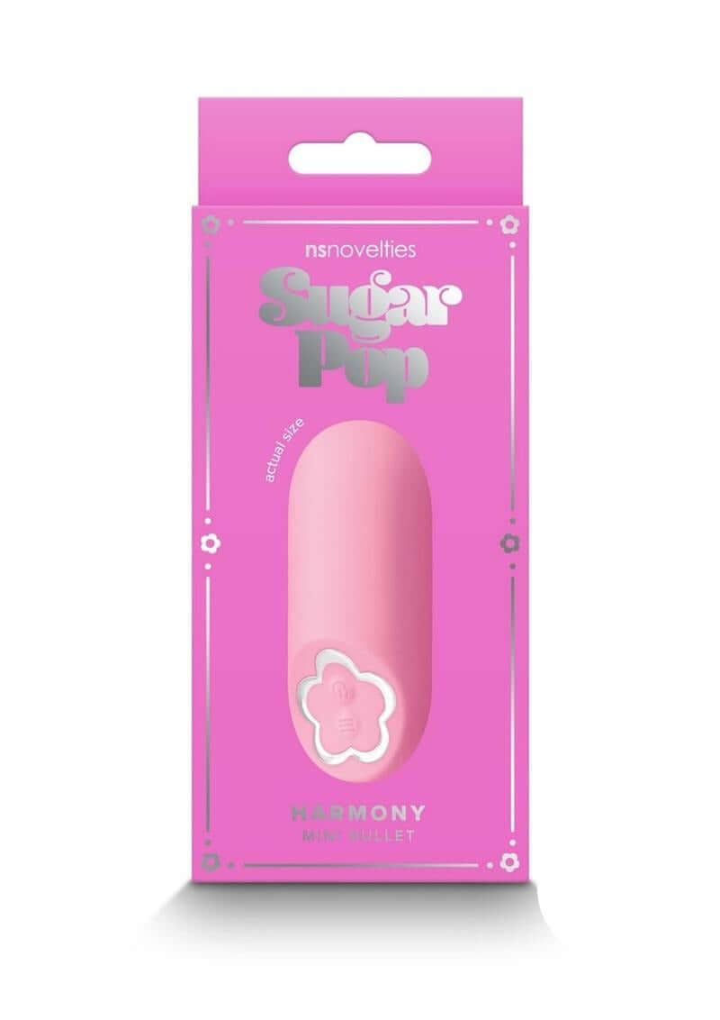 Sugar Pop Harmony Bullet Vibrator Pink packaging design with a sleek pink color and flower logo.