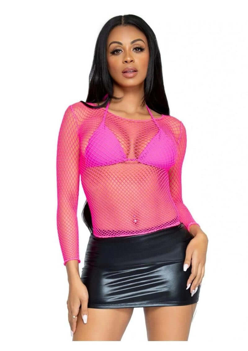 Leg Avenue Spandex Long Sleeved Industrial Net shirt OS Neon Pink modeled with a neon pink bikini top and black skirt.