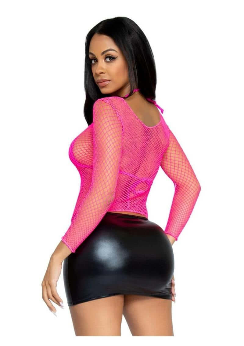 Leg Avenue Spandex Long Sleeved Industrial Net shirt OS Neon Pink worn with a black mini skirt, showcasing vibrant design.