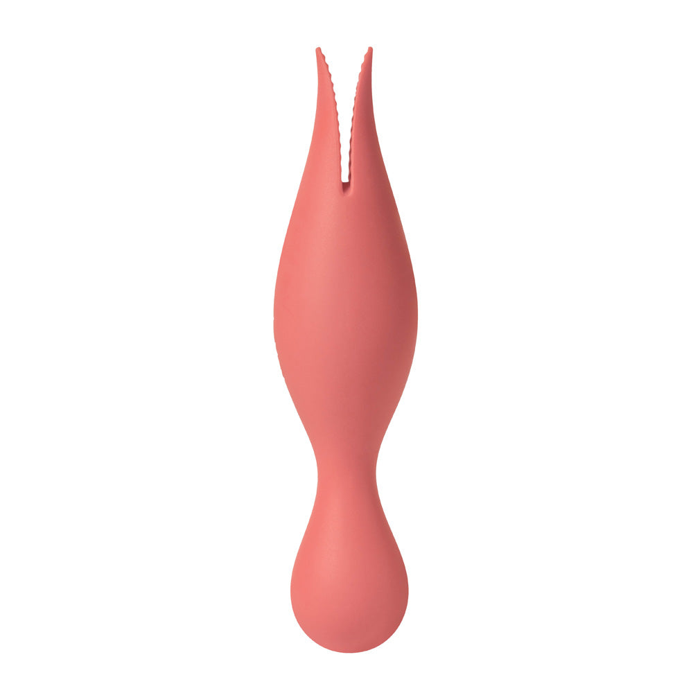 Svakom Siren Dual-Ended Clitoral Vibrator Coral showcasing its unique double-tongued design for stimulation.