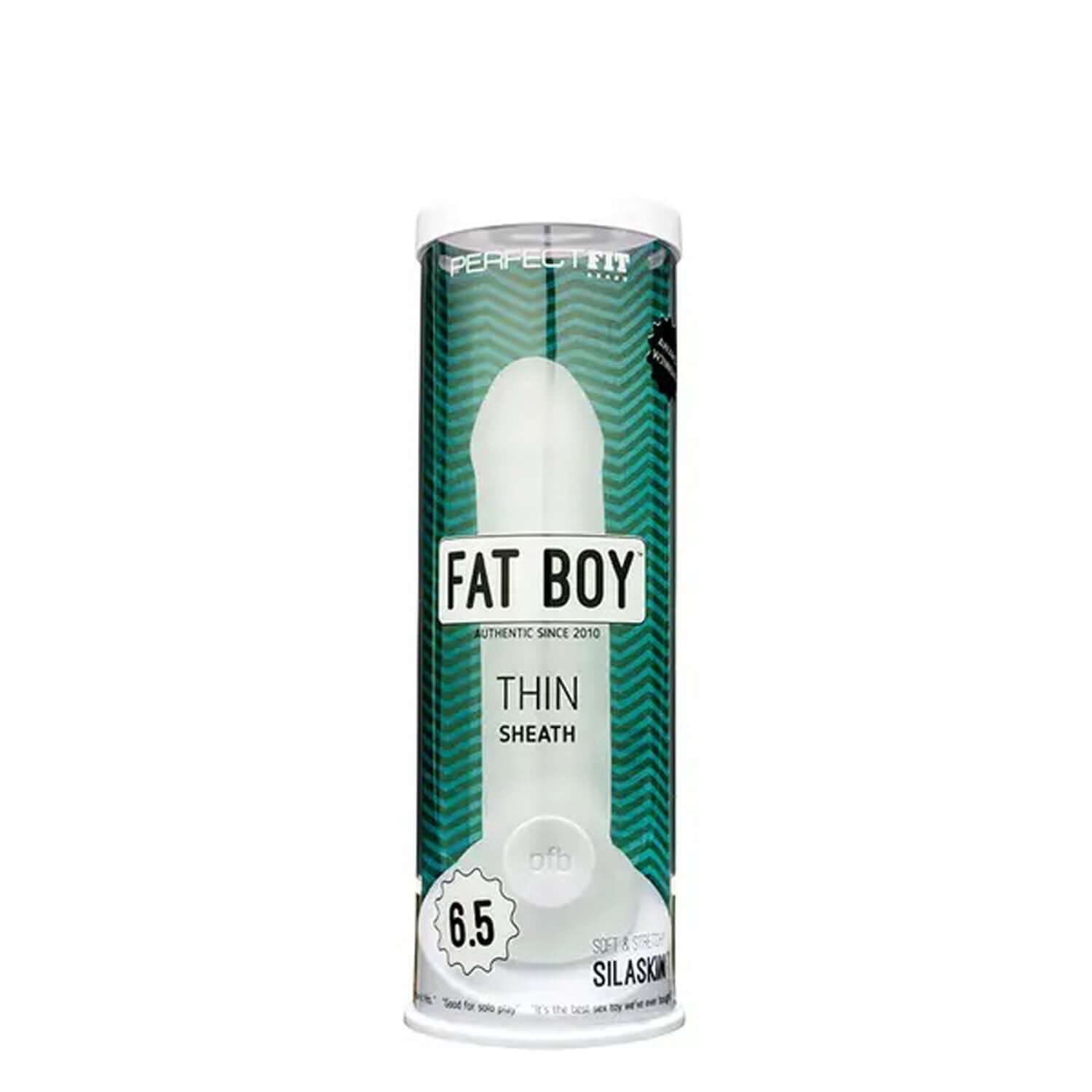 Fat Boy Thin 6.5-inch clear sheath in packaging for enhanced solo and partner play.