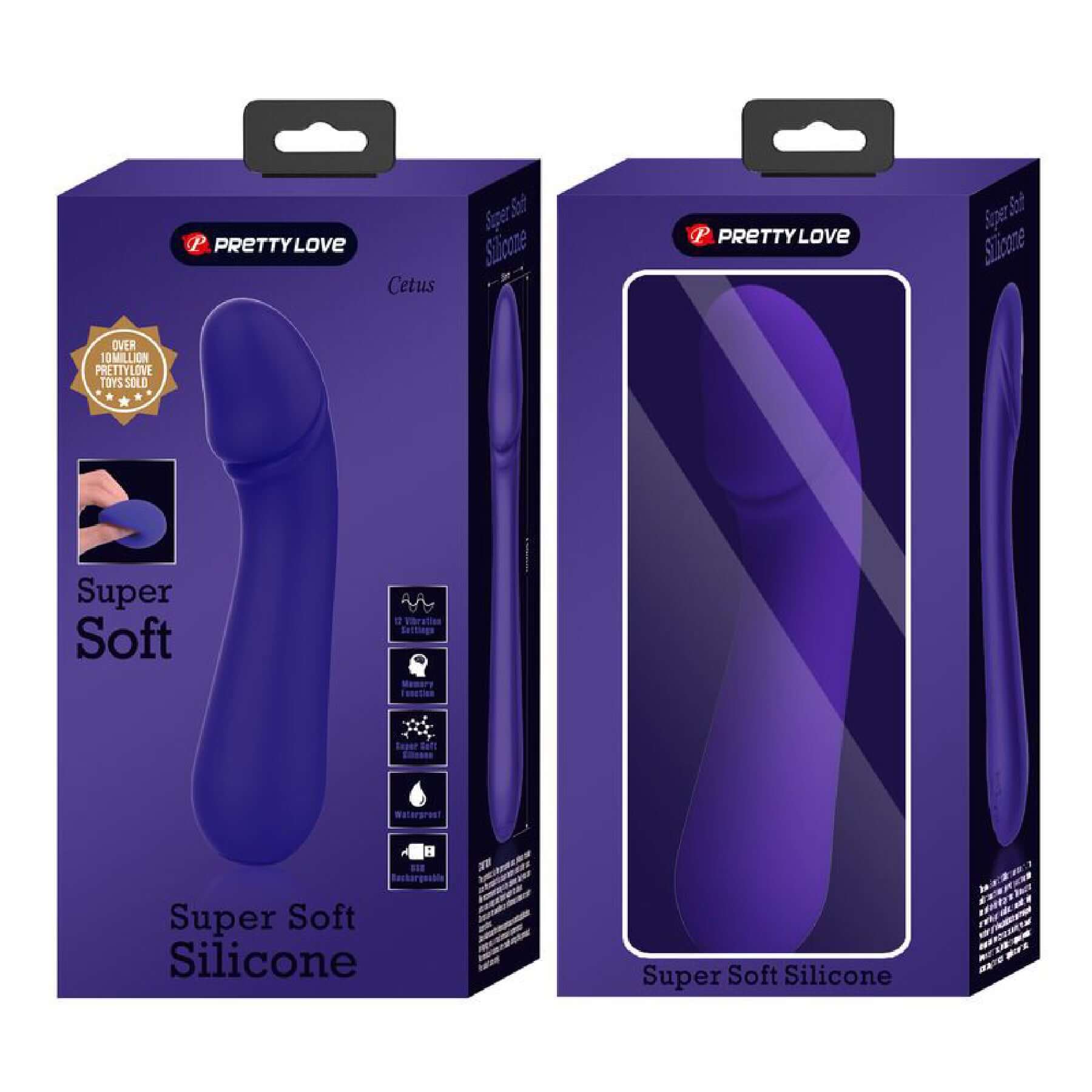 Cetus Rechargeable Vibrator - Purple in packaging, featuring super soft silicone and curved design for G-spot stimulation.