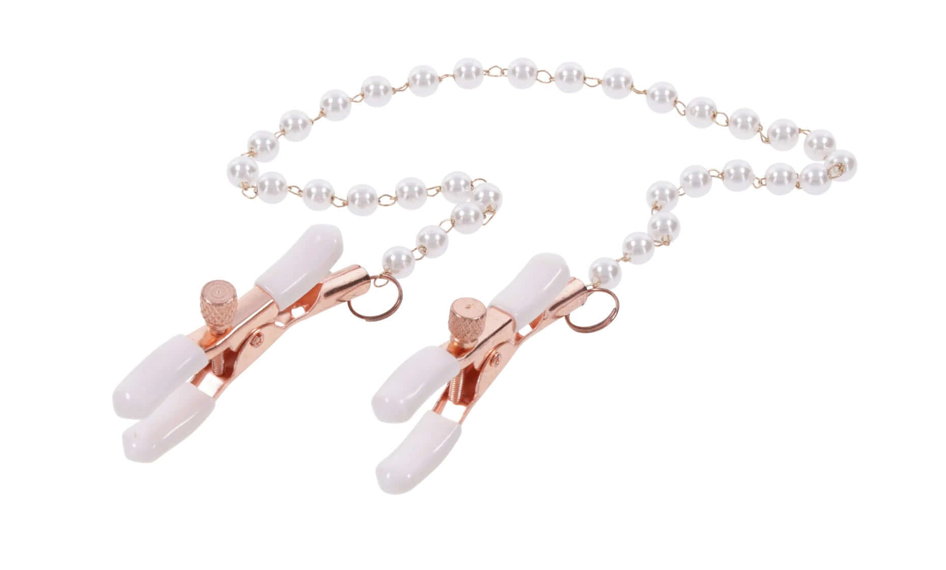 Pink rose gold pearl nipple clamps with white rubber tips.