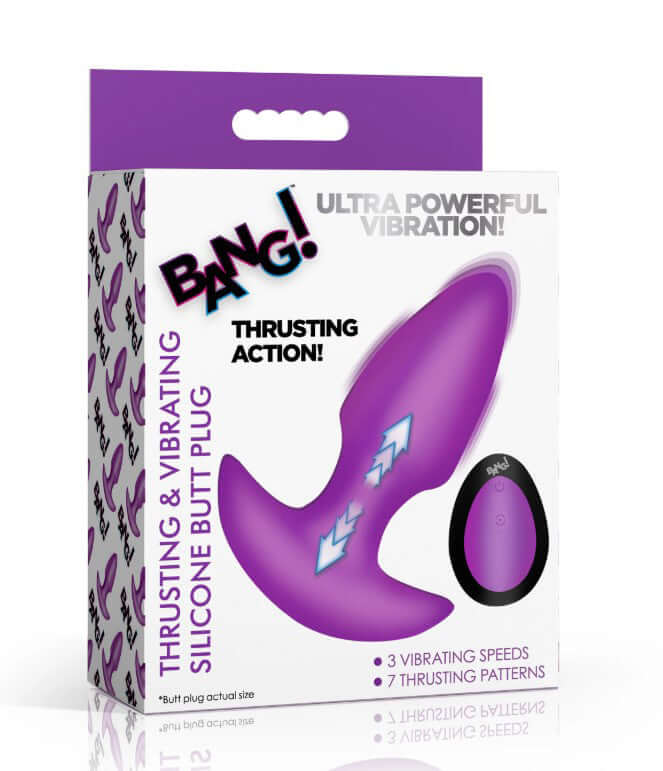 Bang Thrusting and Vibrating Silicone Butt Plug Purple packaging with details on thrusting and vibrating features.