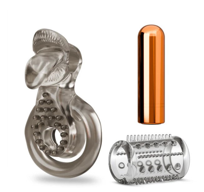 Stay Hard Cock Ring Set With Sleeve Textured Sheath featuring a textured sheath and stimulation bullet.