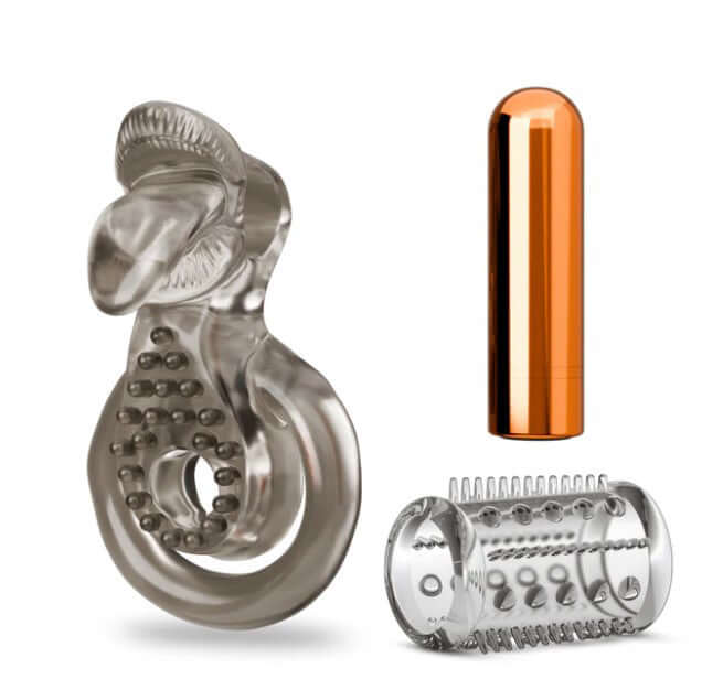 Stay Hard Cock Ring Set With Sleeve Textured Sheath featuring a textured sheath and stimulation bullet.