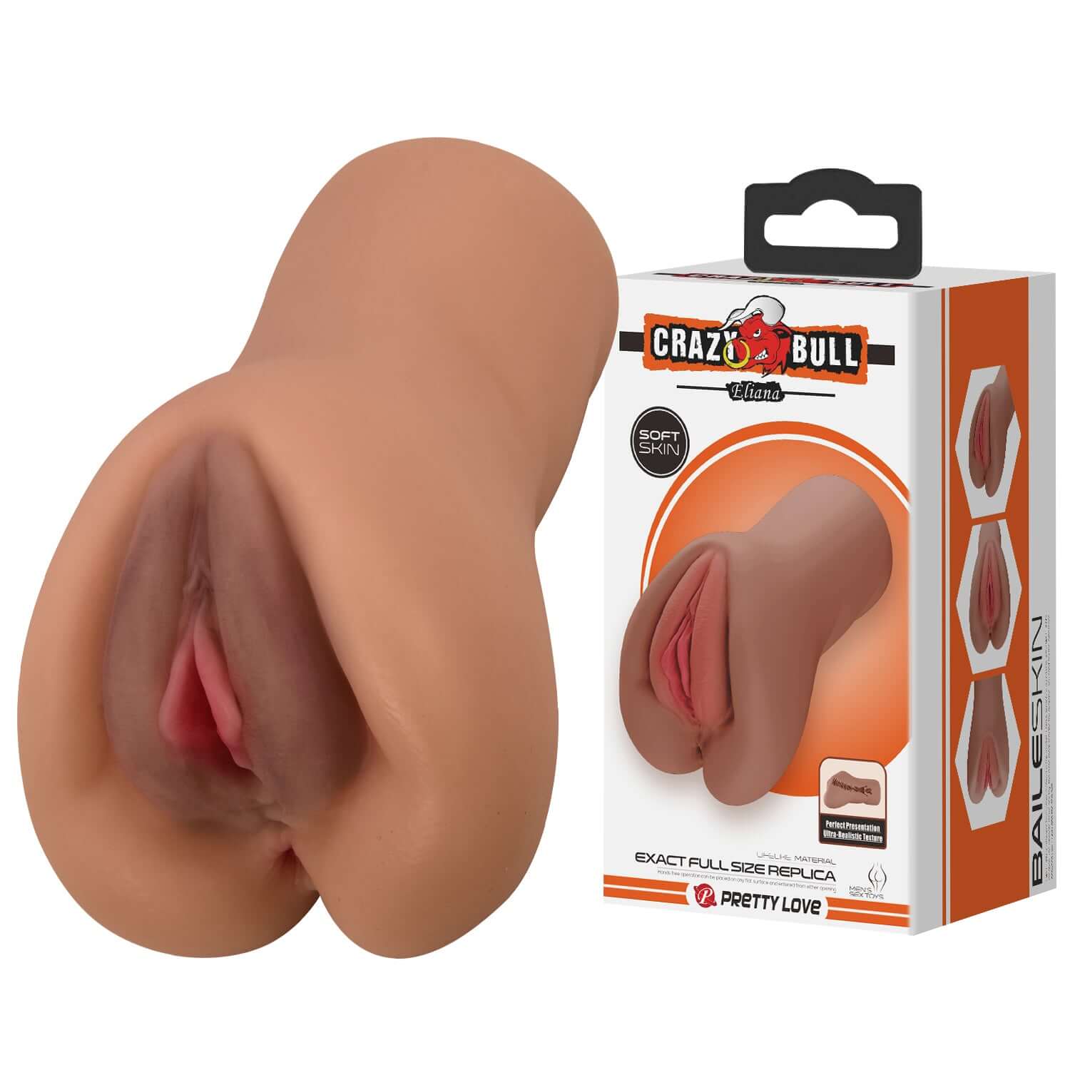 Eliana Vagina Shaped Masturbator in brown with realistic details and packaging, designed for pleasurable stimulation.