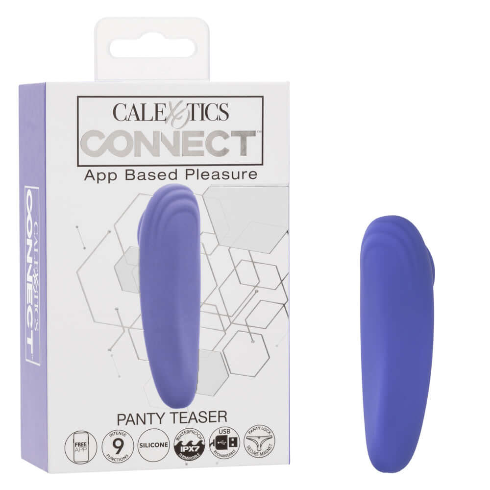 CalExotics Connect Panty Teaser in periwinkle with packaging, offering app-based pleasure for discreet intimate moments.