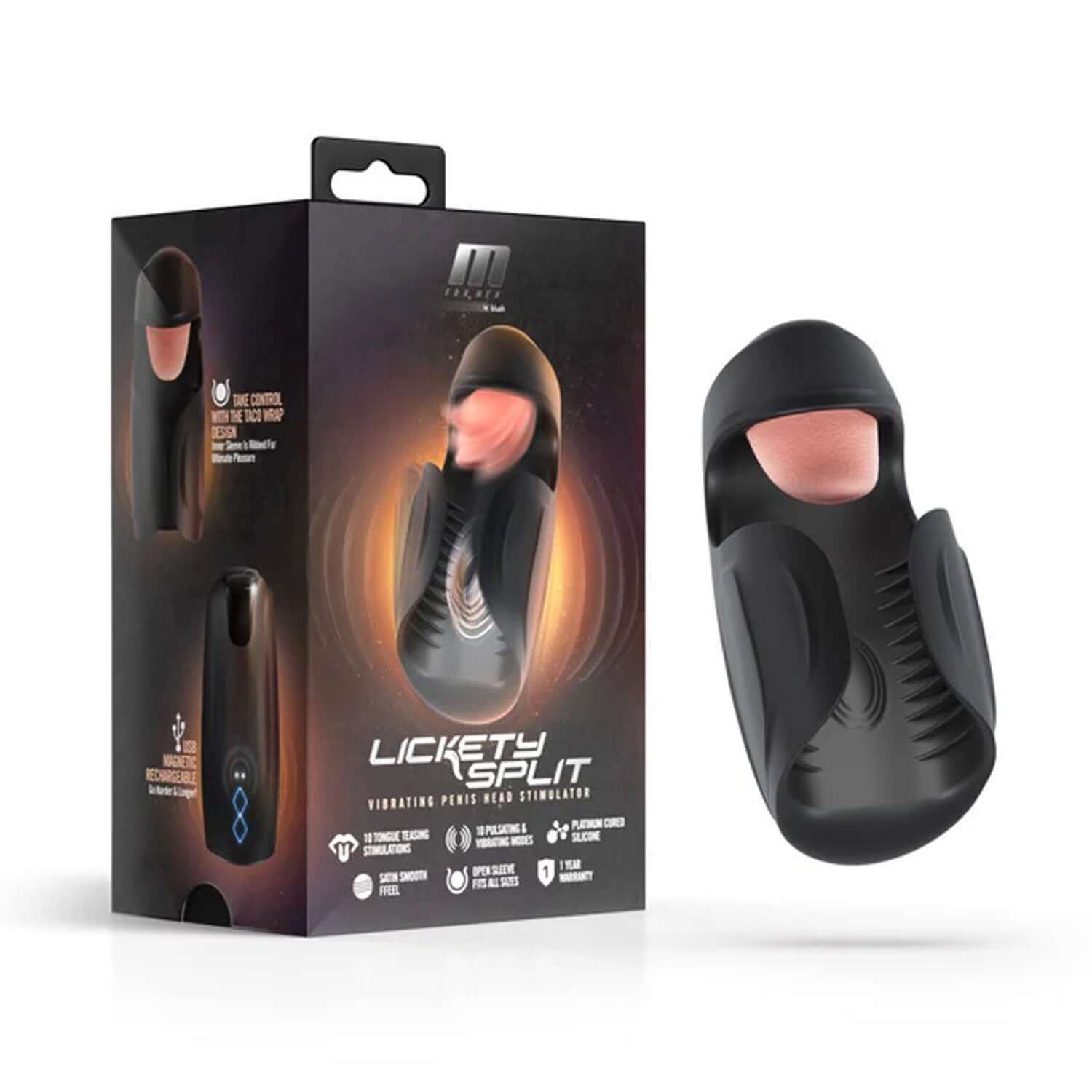 M for Men Lickety Split Black vibrating penis stimulator with packaging, featuring 10 modes for maximizing pleasure.