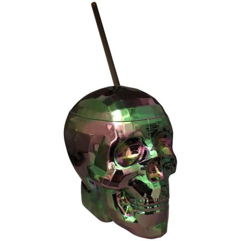 Oil Slick Skull Drinking Cup with shiny, colorful reflective finish and straw for beverages.