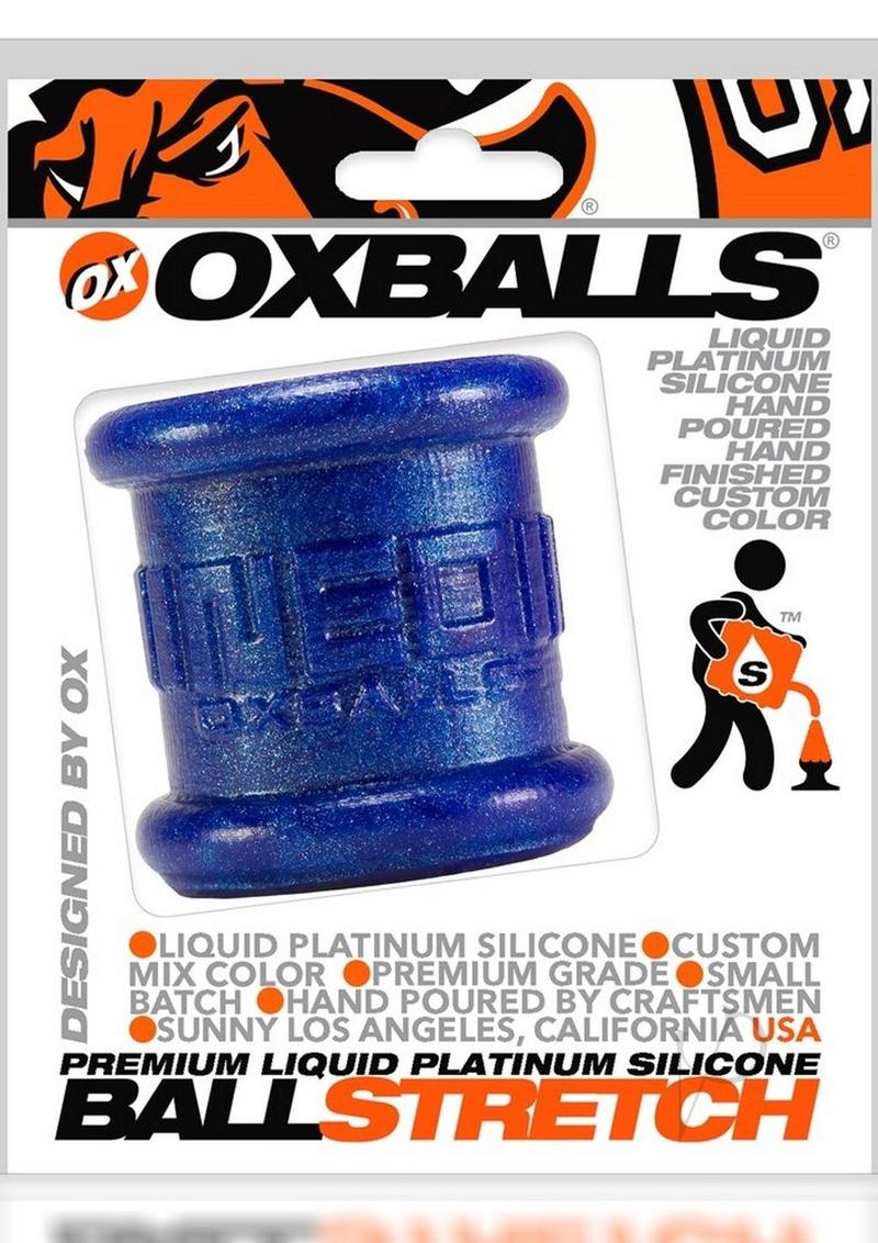 Oxballs Neo Tall Silicone Ball Stretcher Large Blue packaging with details and features displayed.