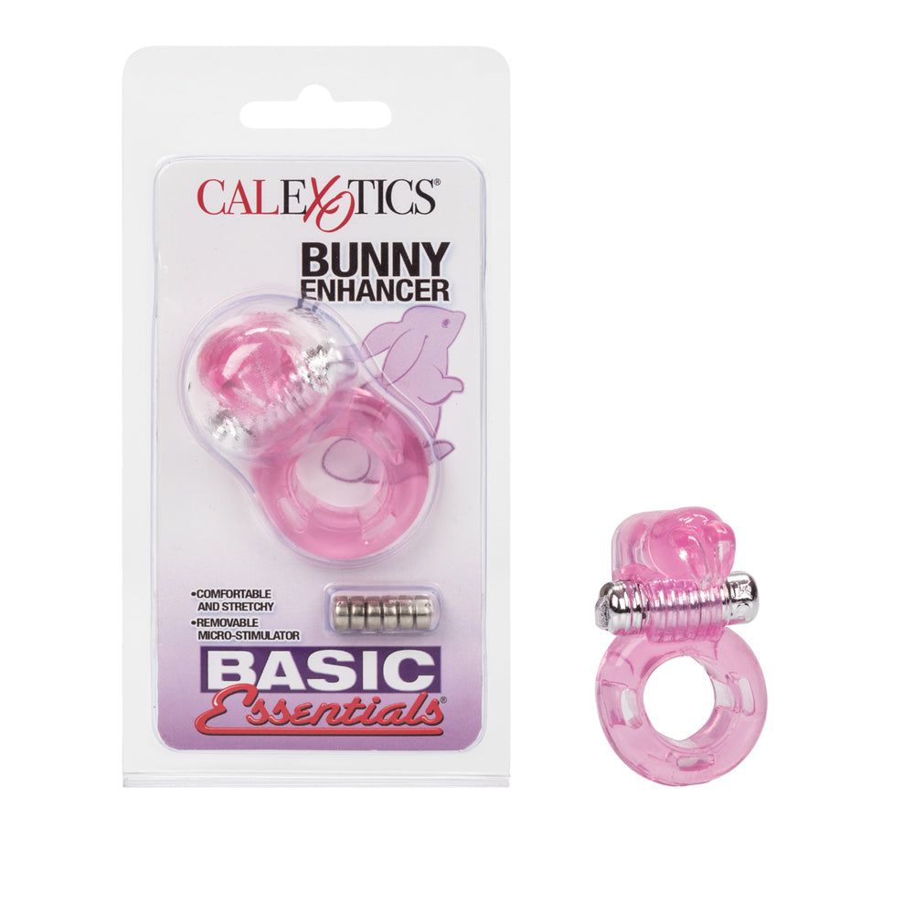 Basic Essentials Bunny Enhancer Vibrating Cock Ring Pink in packaging showcasing its playful design and micro-stimulator.