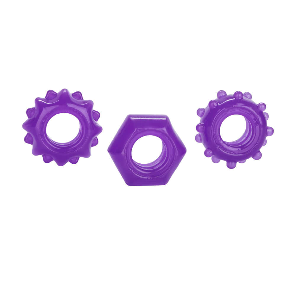 CalExotics Reversible Cock Ring Set Purple featuring three textured stretchy rings for enhanced pleasure.