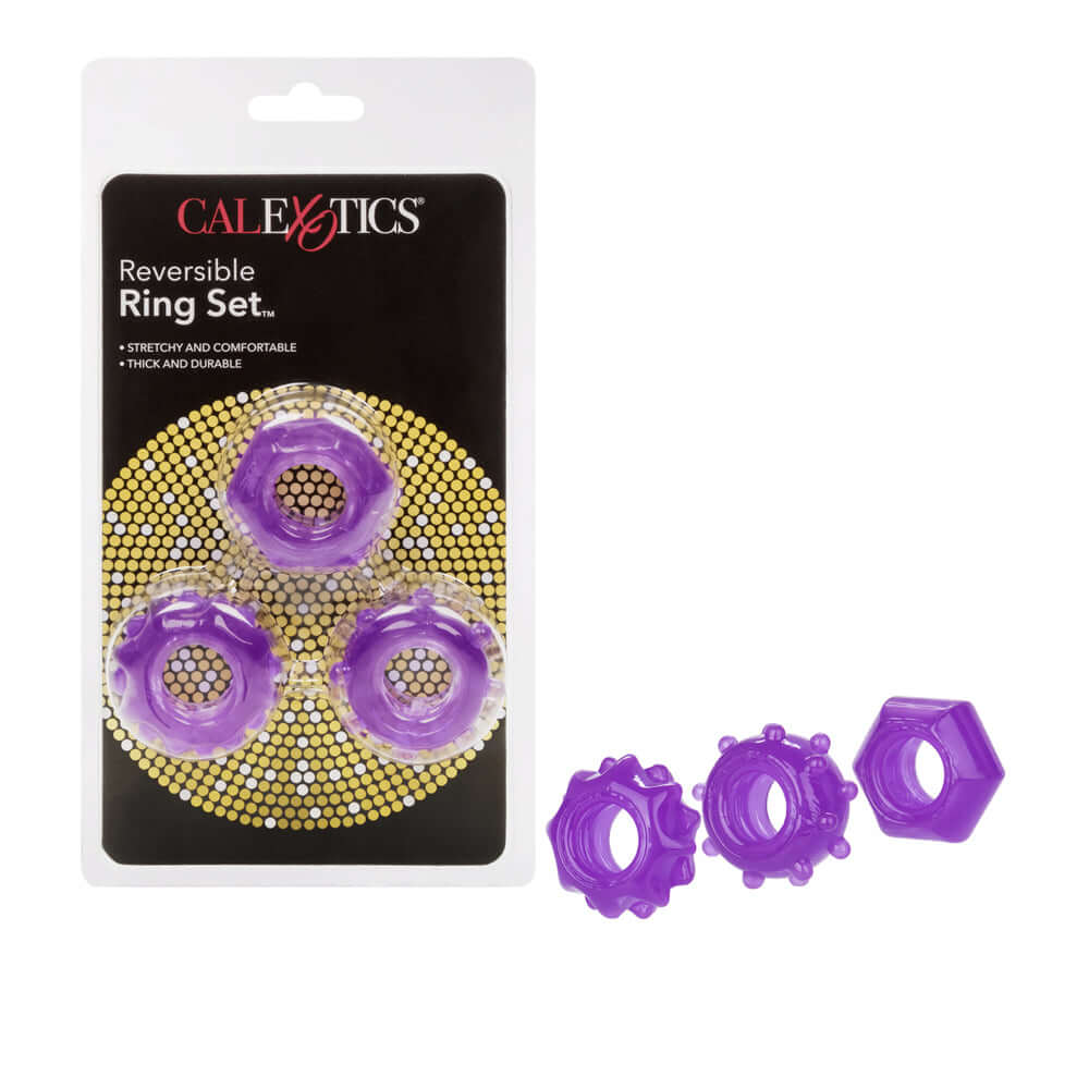 CalExotics Reversible Cock Ring Set Purple three-piece set in packaging showing textured rings for enhanced pleasure.