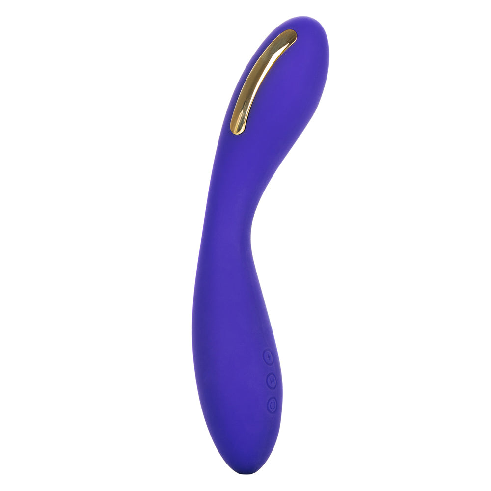 Impulse Intimate E-stimulator Wand in vibrant purple with gold accents, showcasing its sleek design and controls.
