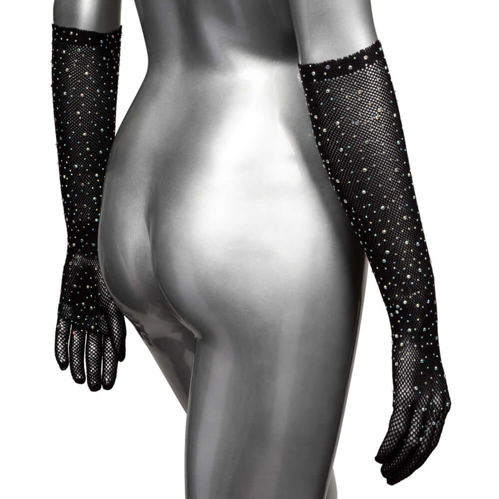 Radiance Full Length Rhinestone Mesh Gloves featured in black mesh with sparkling rhinestones from fingertip to elbow.
