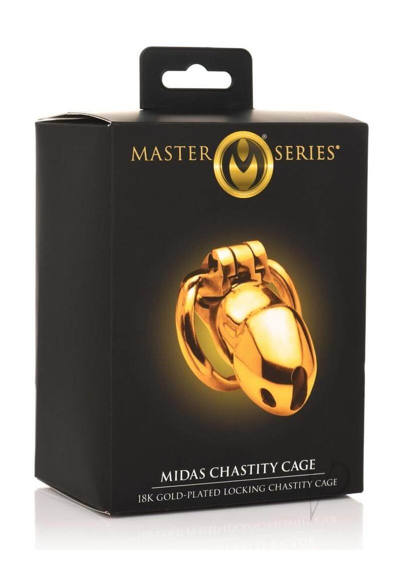 Master Series Midas 18K Gold-Plated Locking Chastity Cage packaging with a polished gold finish.