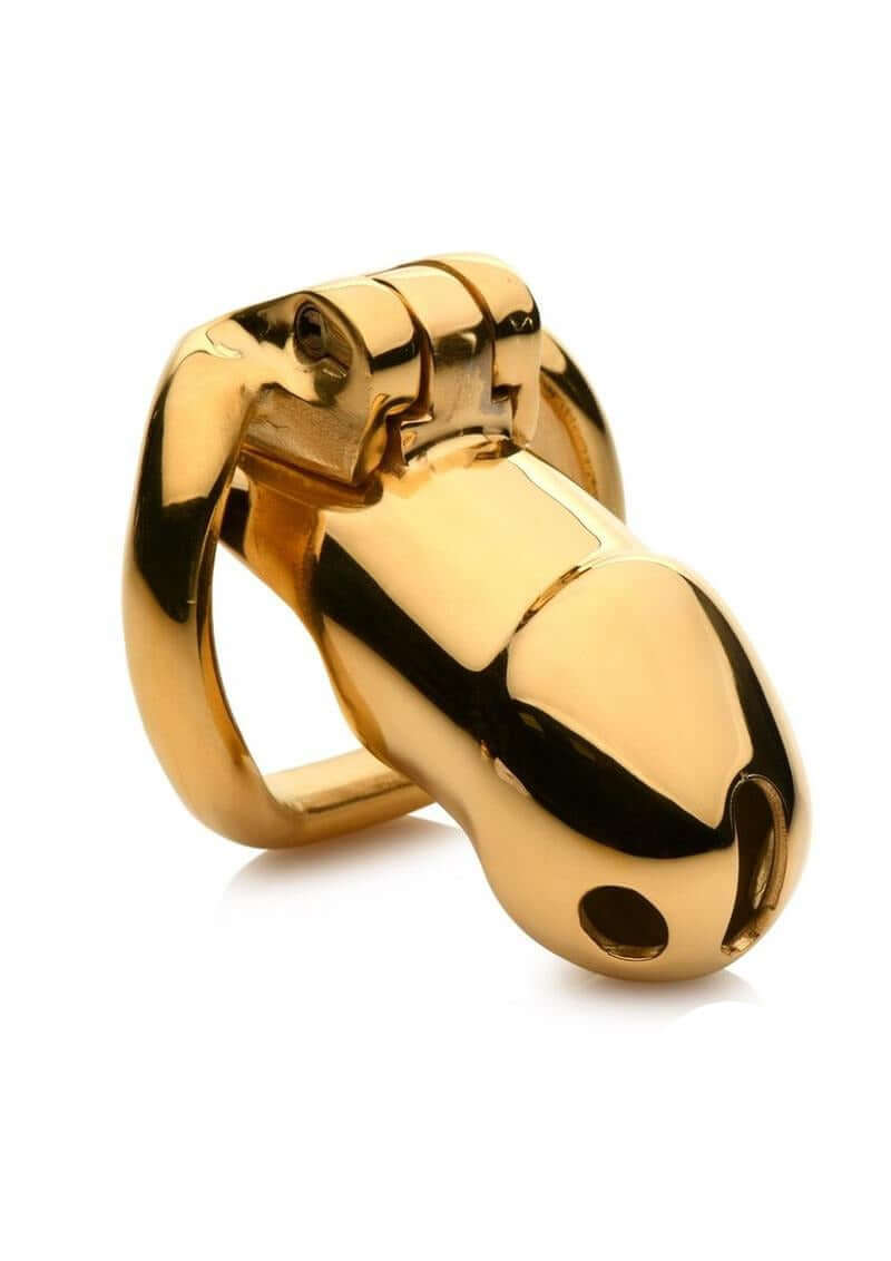 Master Series Midas 18K Gold-Plated Locking Chastity Cage side view with polished gold finish.