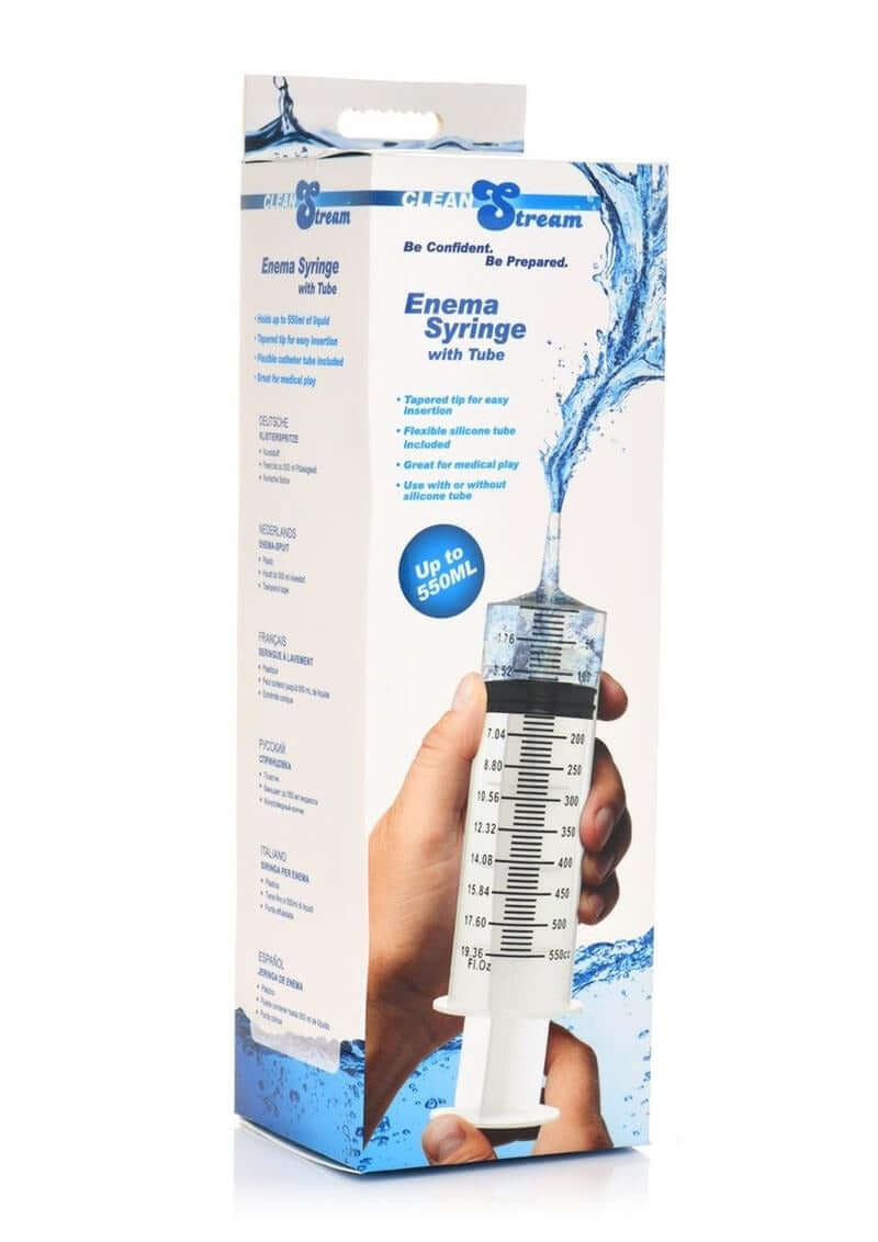 CleanStream Enema Syringe with Tube 550 ml packaging showing the product and its features.
