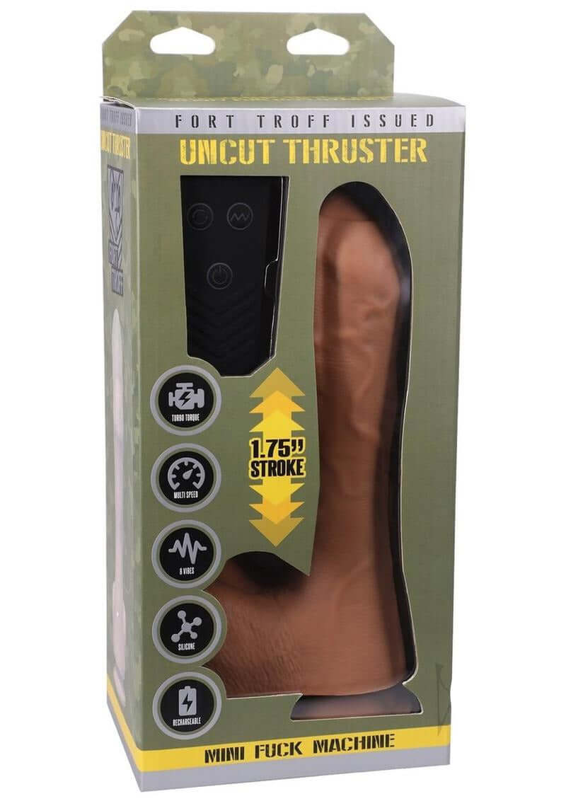 Fort Troff Uncut Thruster Mini Fuck Machine Dildo Tan product packaging with thrusting features.