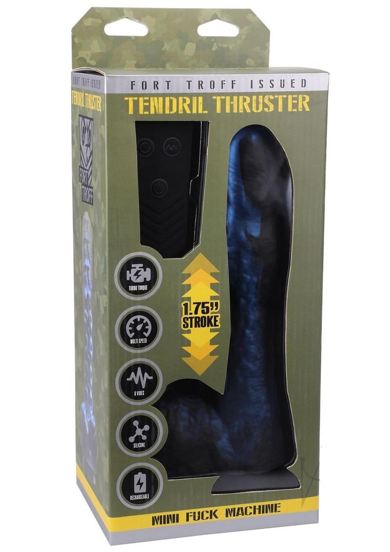 Fort Troff Tendrill Thruster Mini Sex Machine Dildo Blue in packaging with features highlighted.