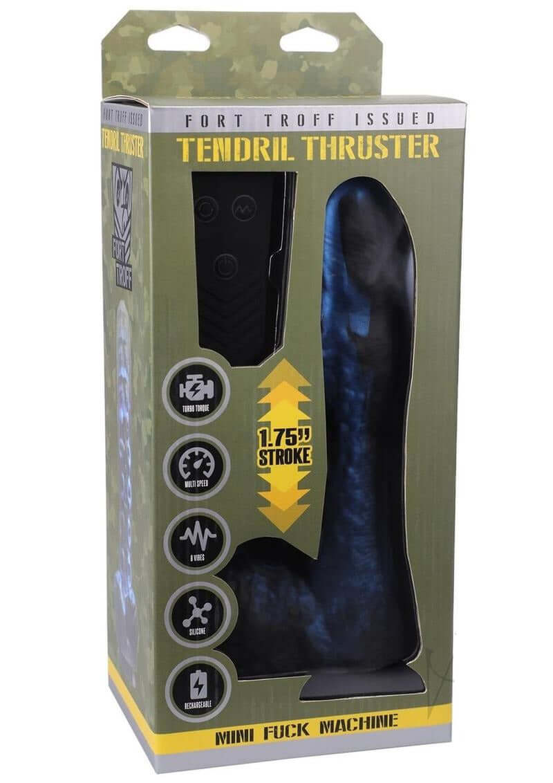 Fort Troff Tendrill Thruster Mini Sex Machine Dildo Blue in packaging with features highlighted.