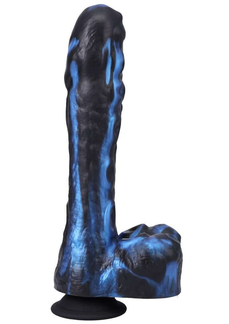 Fort Troff Tendrill Thruster Mini Sex Machine Dildo Blue with textured blue and black design on a suction base.