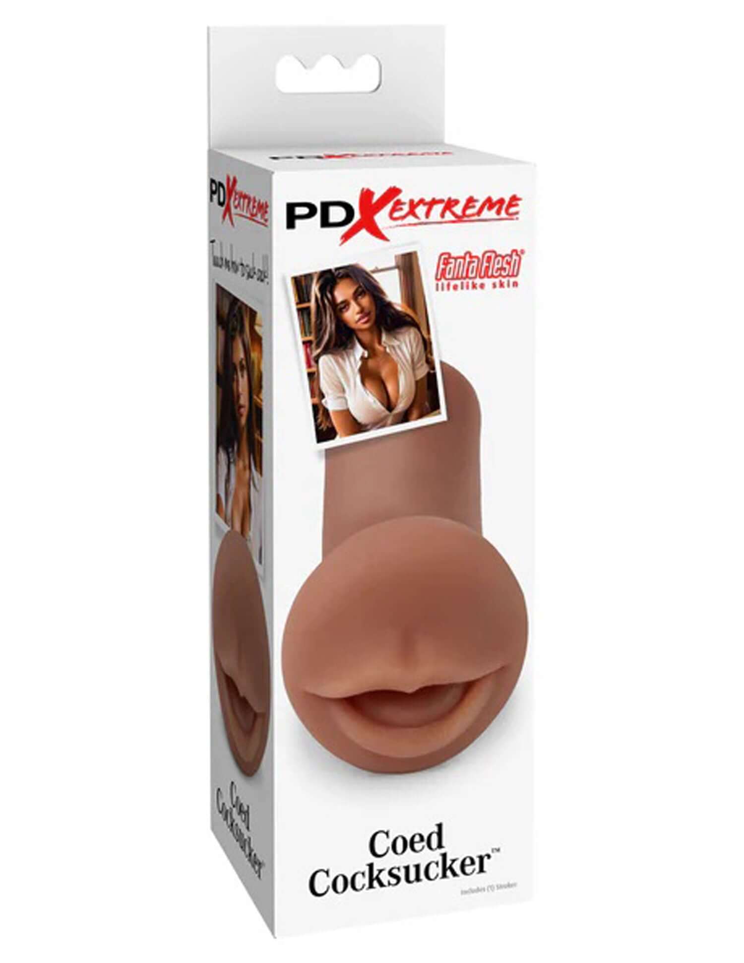 PDX Extreme Coed Cocksucker packaging featuring Fanta Flesh material in brown, designed for realistic pleasure experiences.