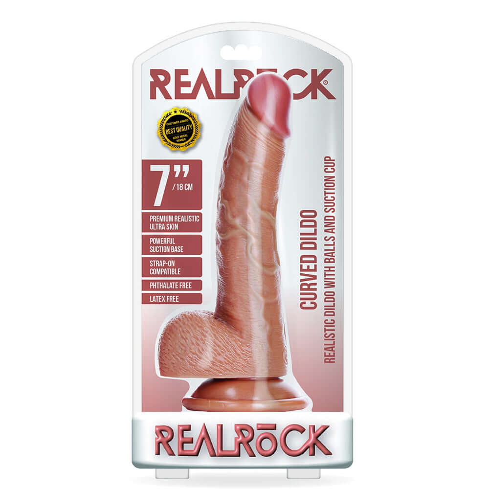Curved Realistic Dildo With Balls & Suction Cup 7 inch Tan in packaging showcasing realistic details and suction base.