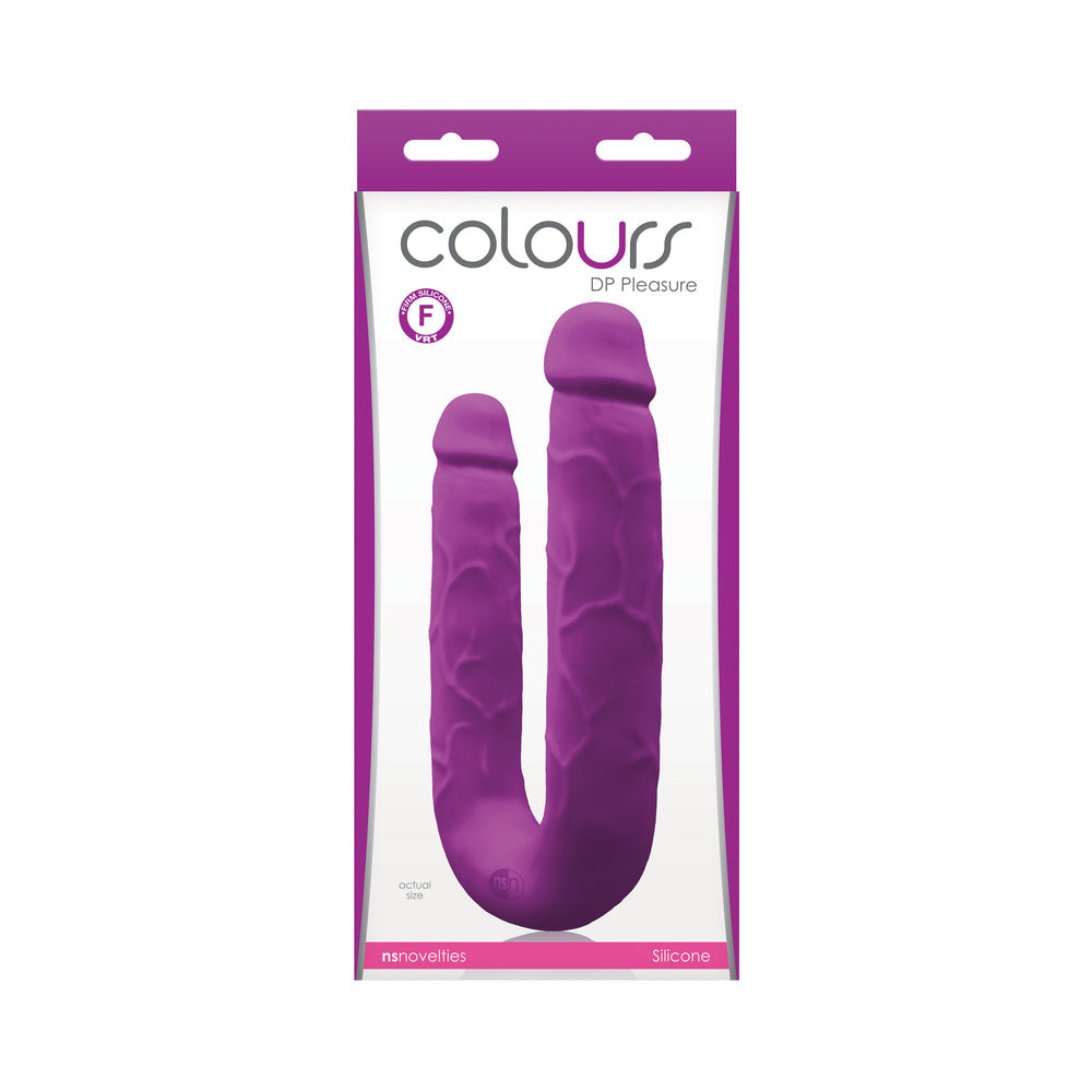 Colours Dp Pleasure Dual Ended Dildo Purple in packaging showcasing sleek design and vibrant color.