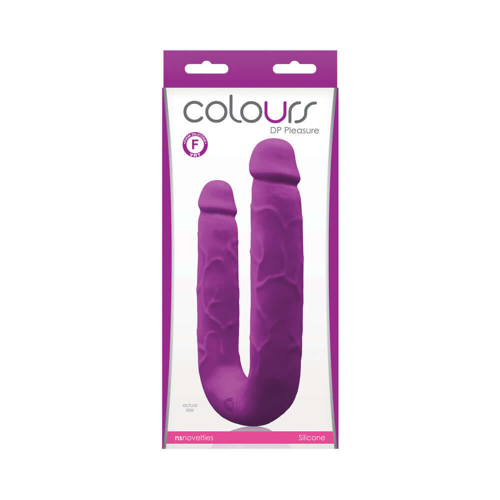 Colours Dp Pleasure Dual Ended Dildo Purple in packaging showcasing sleek design and vibrant color.
