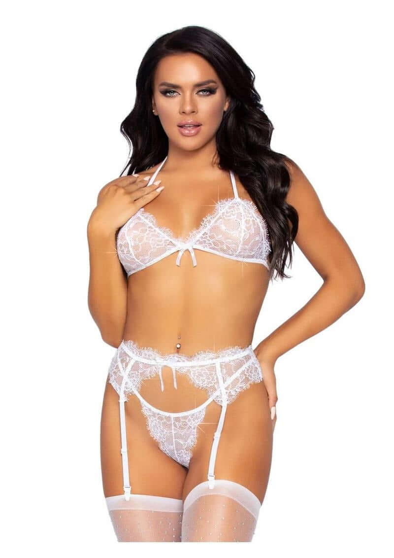 Leg Avenue Rhinestone Eyelash Lace Bra Top Garter Set Small White model wearing three-piece lingerie set.