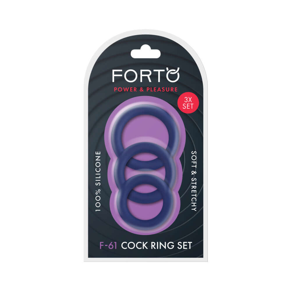 Forto F-61 3-piece Silicone Cockring Set Blue displayed in packaging, featuring three flexible silicone rings.