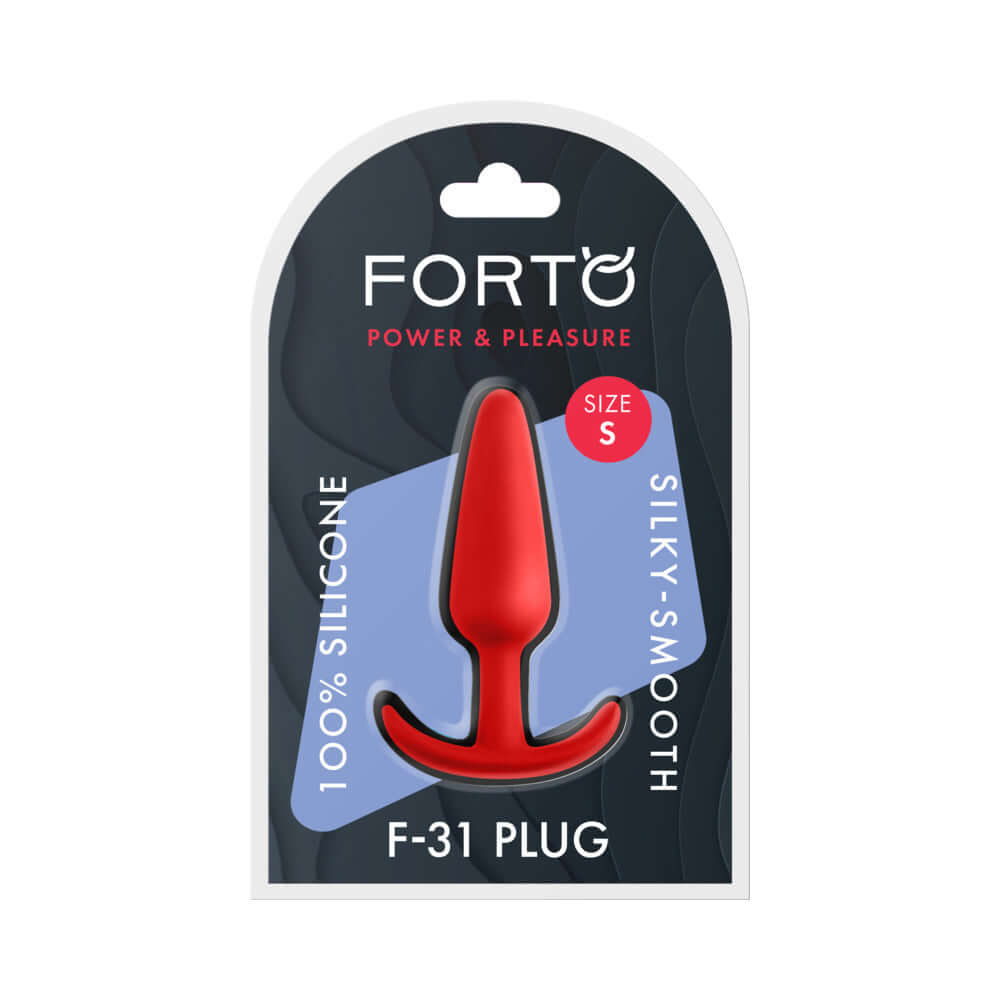 Forto F-31 Silicone Anal Plug Small Red packaging featuring a silky-smooth red silicone anal plug.
